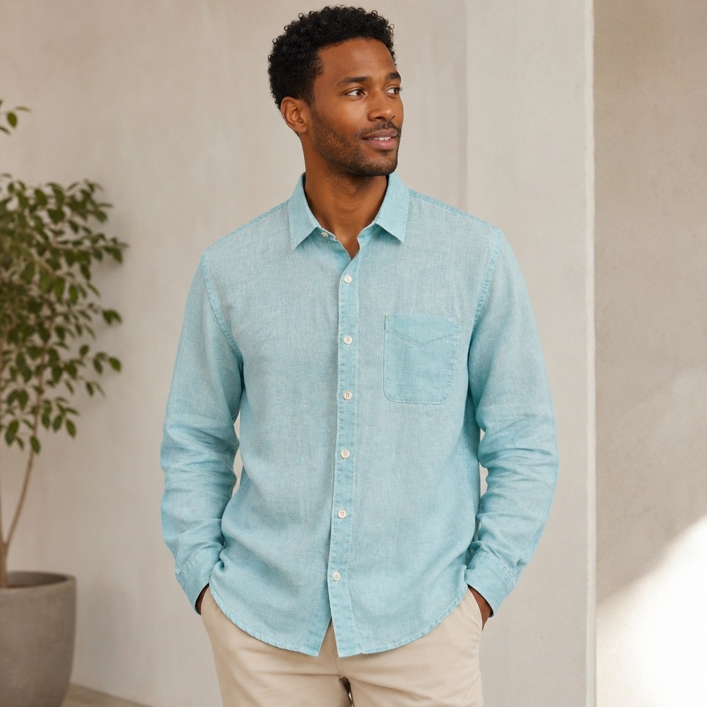 Tommy Bahama Relax Button Down Shirt Men Large Blue 100% Linen Long Sleeve EUC